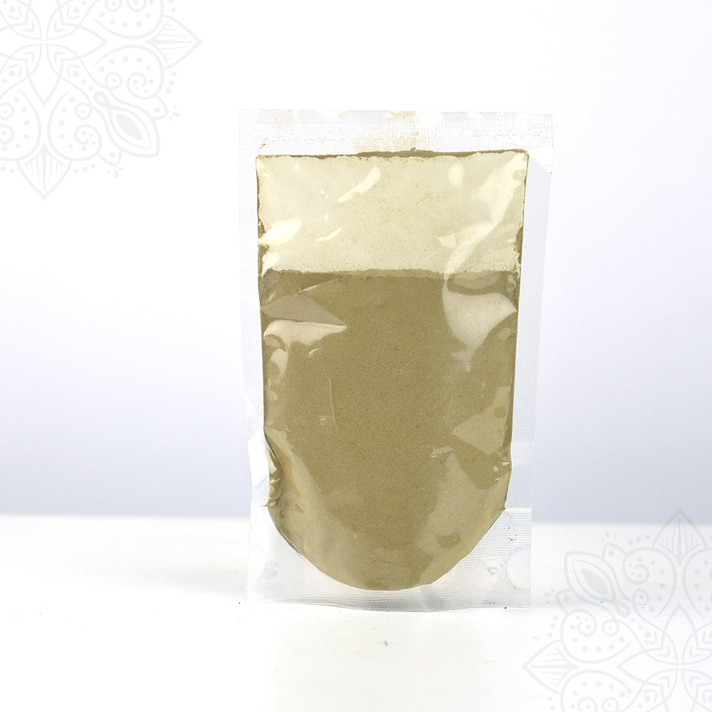 Mapodi powder sealed in clear plastic pack, filled pouch standing on white surface, front facing view