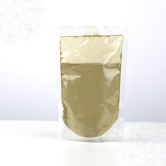 Mapodi powder sealed in clear plastic pack, filled pouch standing on white surface, front facing view