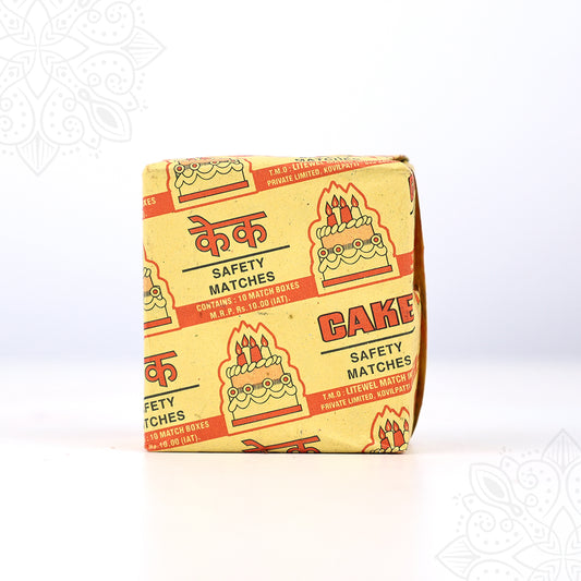 Cake Safety Matches box pack with yellow and red packaging containing 10 matchboxes