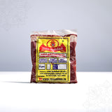 Maroon kumkum straight front view packed in sealed plastic cover with Raja Aanmeegam yellow label showing 50g weight for pooja use