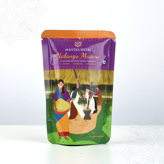 Mantra Herbs Nalangu Maavu 100gm purple packet with orange seal and traditional bathing illustration