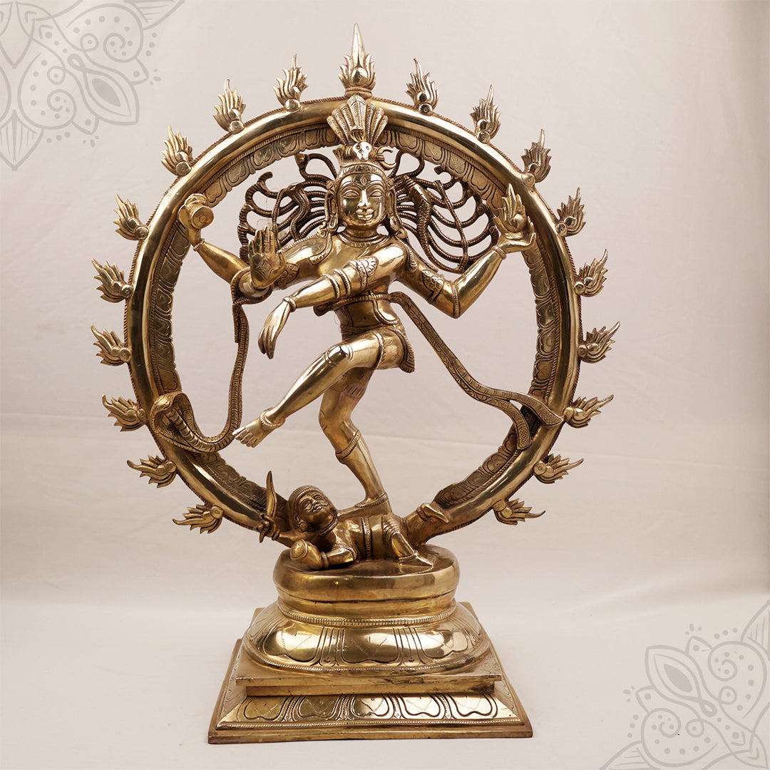 Natrajar 36inch large idol dancing on demon with fire ring on square pedestal straight front view