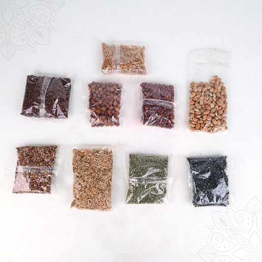 Navadhaniyam set with nine varieties of grains packed separately and arranged in a straight top view.