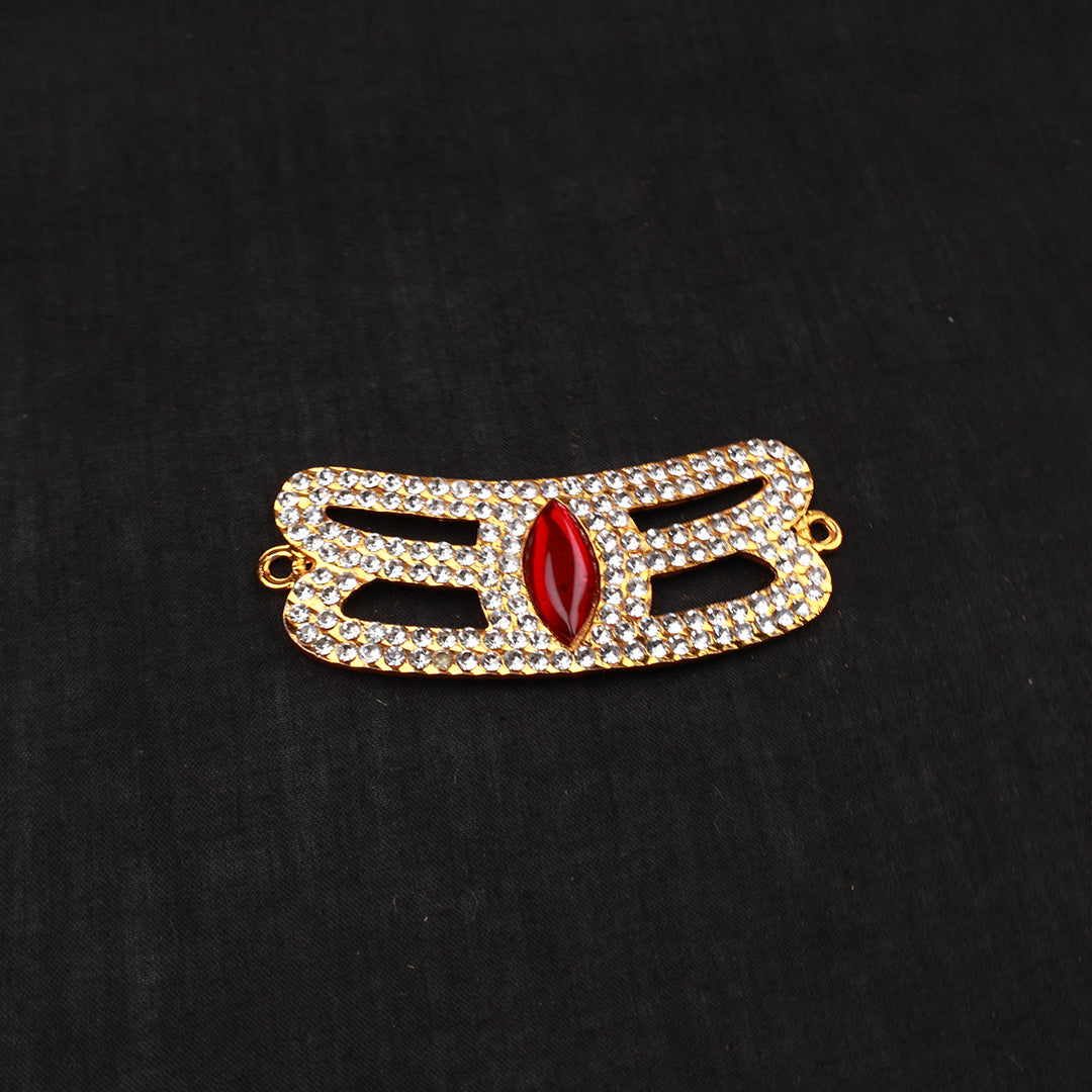 Netrikan curve model 2 vibhuthi pattai Sivan top-down view curved wide pattai white stone fill red marquise and loop rings