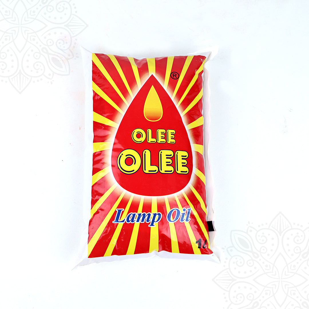 Olee lamp oil 1 litre pouch with red and yellow packaging straight top angle view for daily pooja lamp use