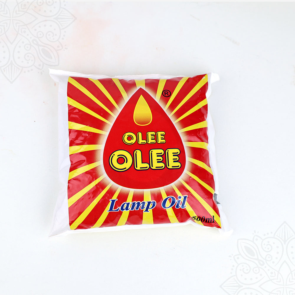 Olee lamp oil 500ml pouch with red and yellow packaging straight top angle view for daily pooja lamp use