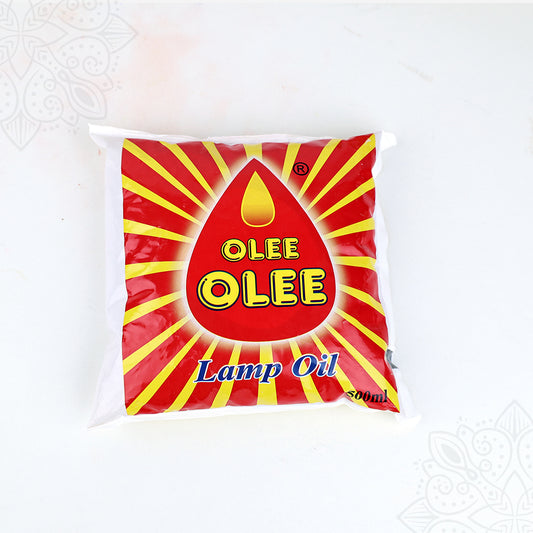Olee lamp oil 500ml pouch with red and yellow packaging straight top angle view for daily pooja lamp use