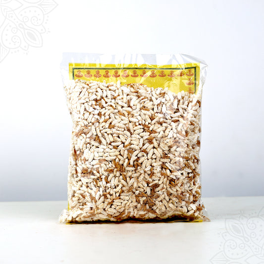 100gm paddy pori packet showing puffed rice pieces through transparent packaging