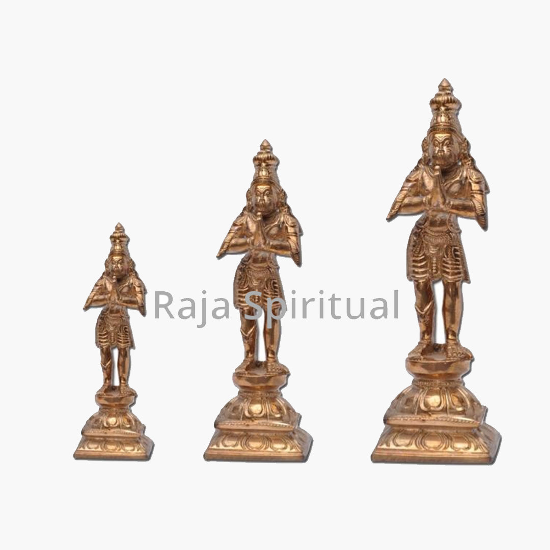 Panchaloga Hanuman idols in three sizes standing namaskaram pose, on tiered pedestal bases, straight front facing view