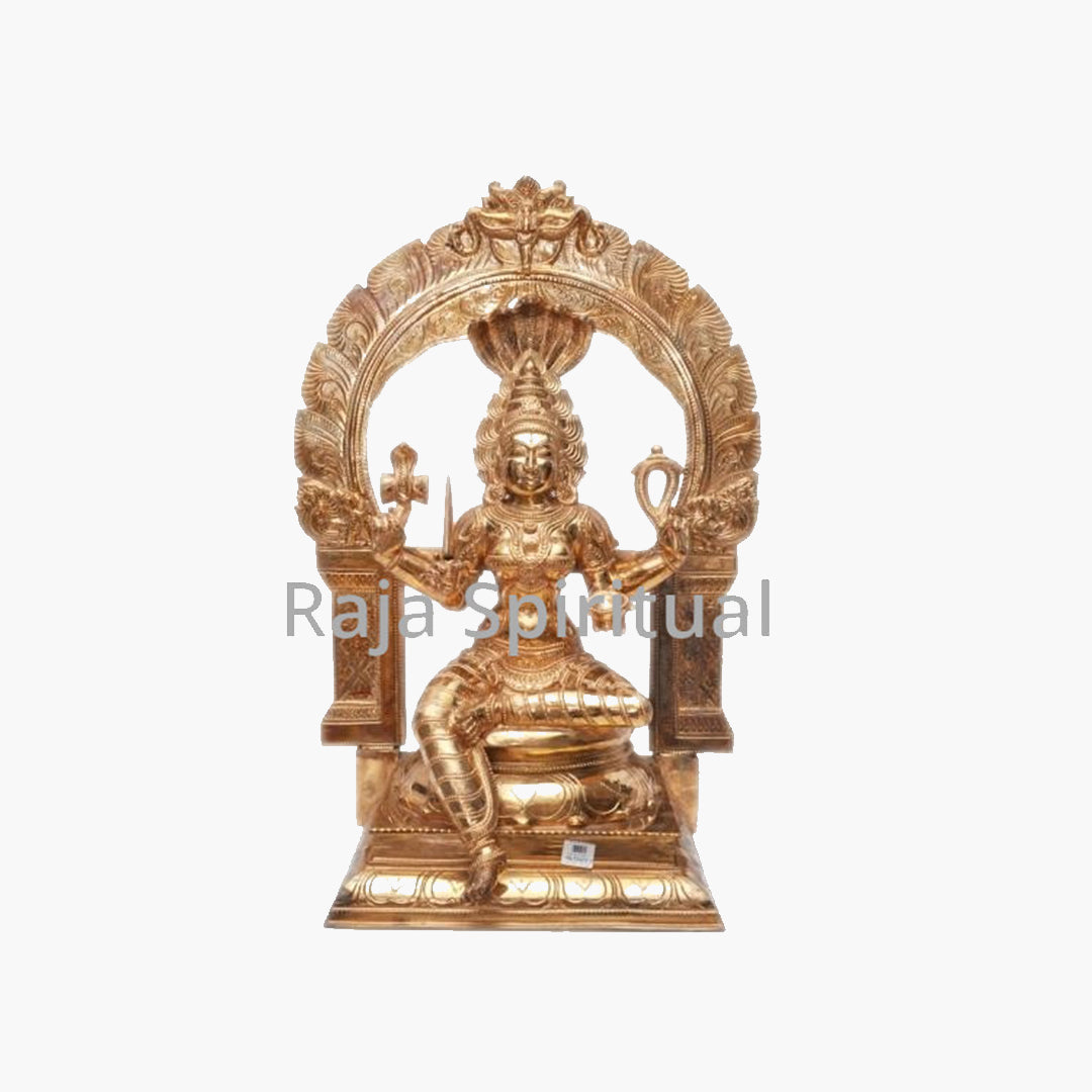 Panchaloga Mariyamman 10.5 inch idol seated under arch holding trident, sitting pose on wide pedestal, straight front view