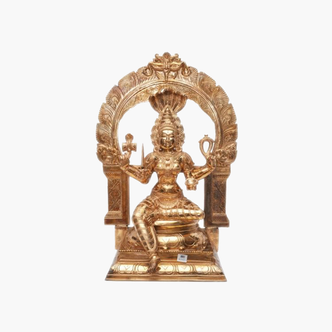 Panchaloga Mariyamman 6.5 inch idol seated under arch holding trident, sitting pose on rectangular base, straight front view