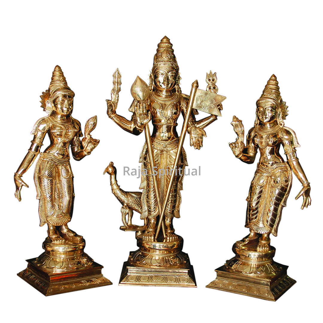 Panchaloga Murugar set with peacock and crossed vel, two consorts holding fruit, on pedestal bases, straight front view