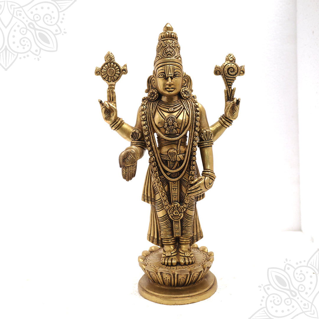 Perumal 14inch idol standing with four arms holding chakra and shanku on lotus base straight front view