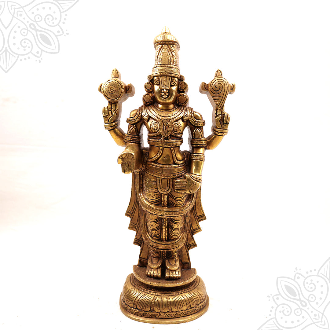 Perumal 18inch idol with tall crown holding chakra and shanku on round base straight front view