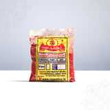 Raja Aanmeegam red kumkum 50g packet with Tamil label shown in straight front view against a grey backdrop.