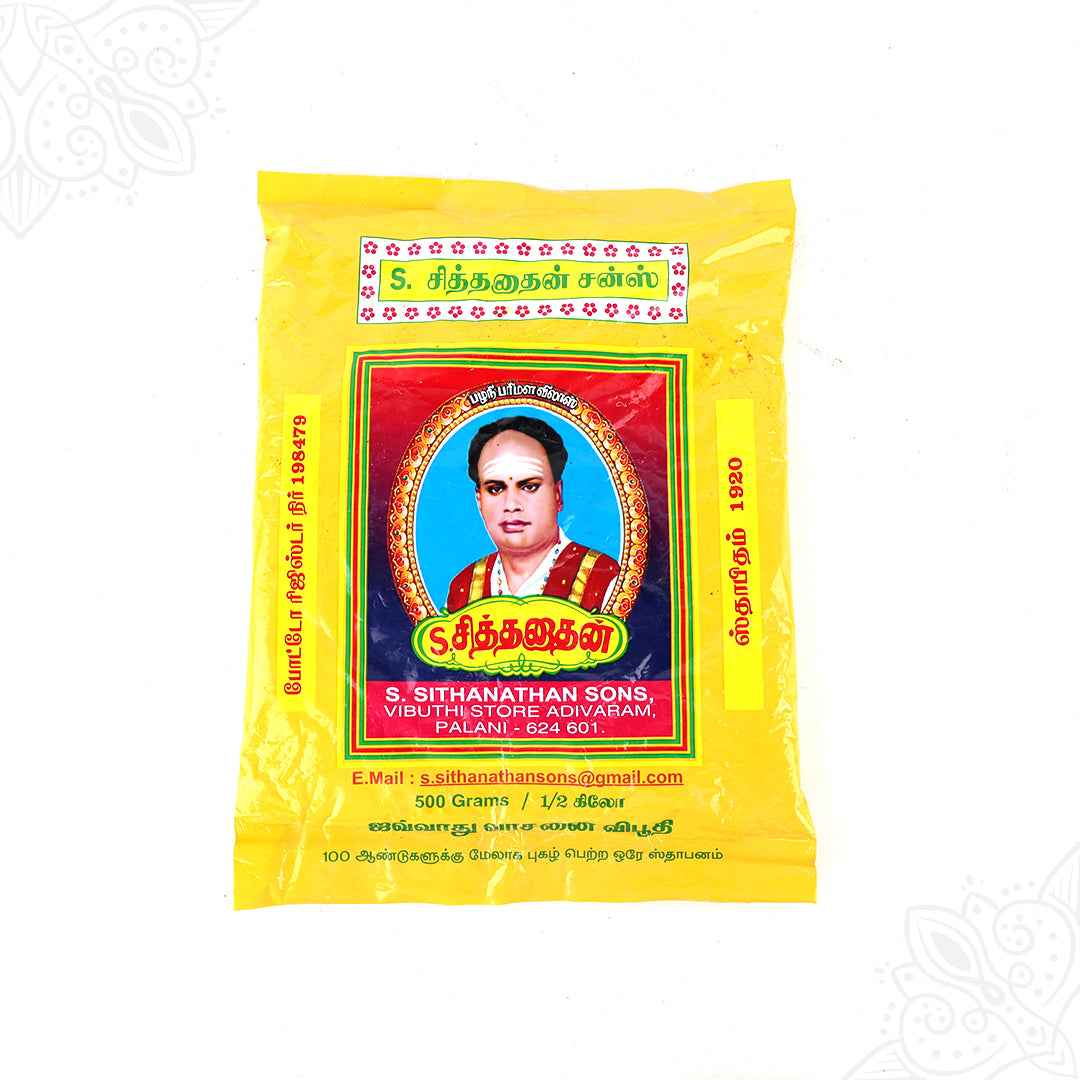 Sithanathan vibhuti pack 500 grams in straight front facing view showing founder photo on yellow wrapper for pooja use