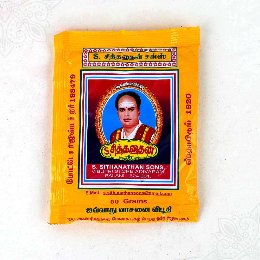 Sithanathan vibhuti pack 50 grams in straight front facing view showing founder photo on orange cover for daily pooja use