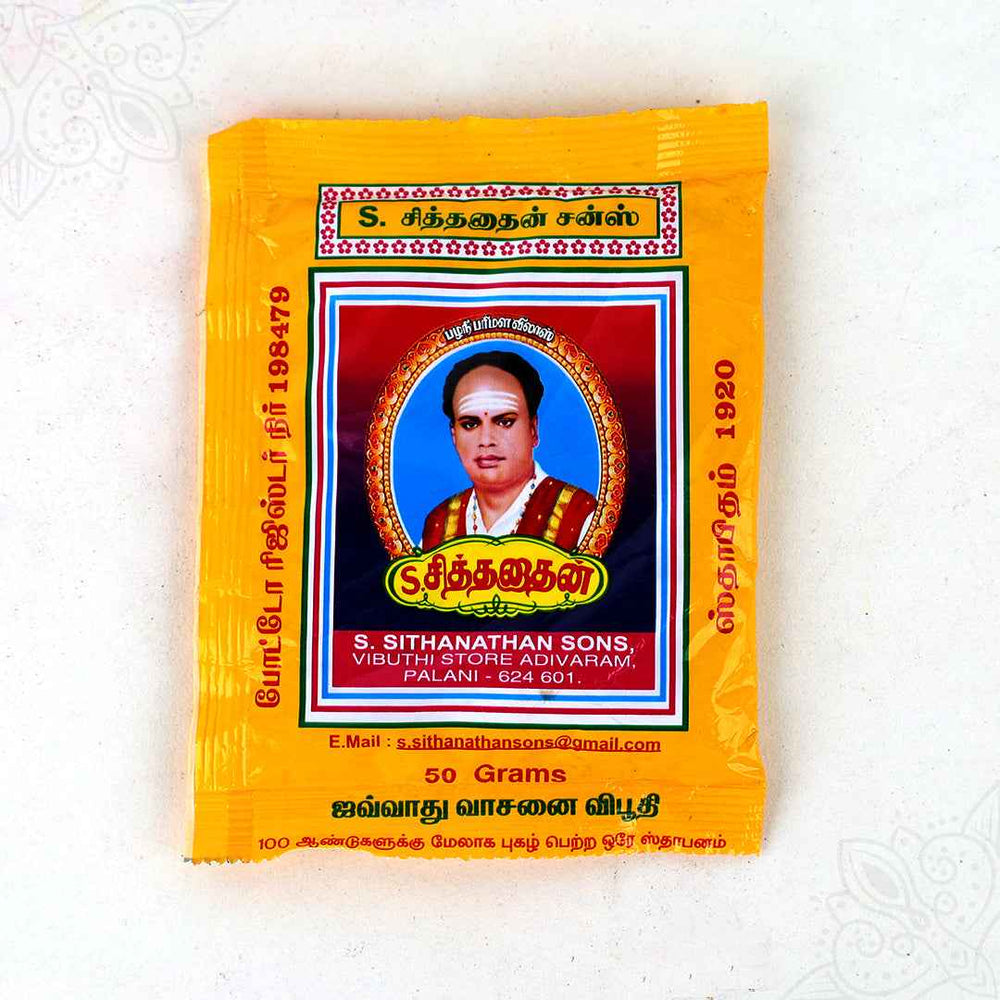 Sithanathan vibhuti pack 50 grams in straight front facing view showing founder photo on orange cover for daily pooja use