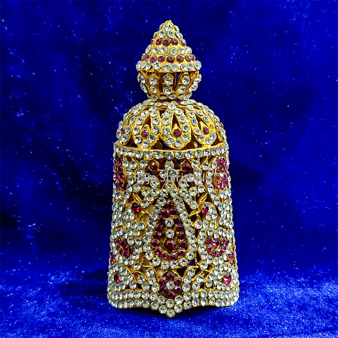 Stone full giridam peacock giridam front view full height open arch fretwork floral body white pink stone setting blue velvet