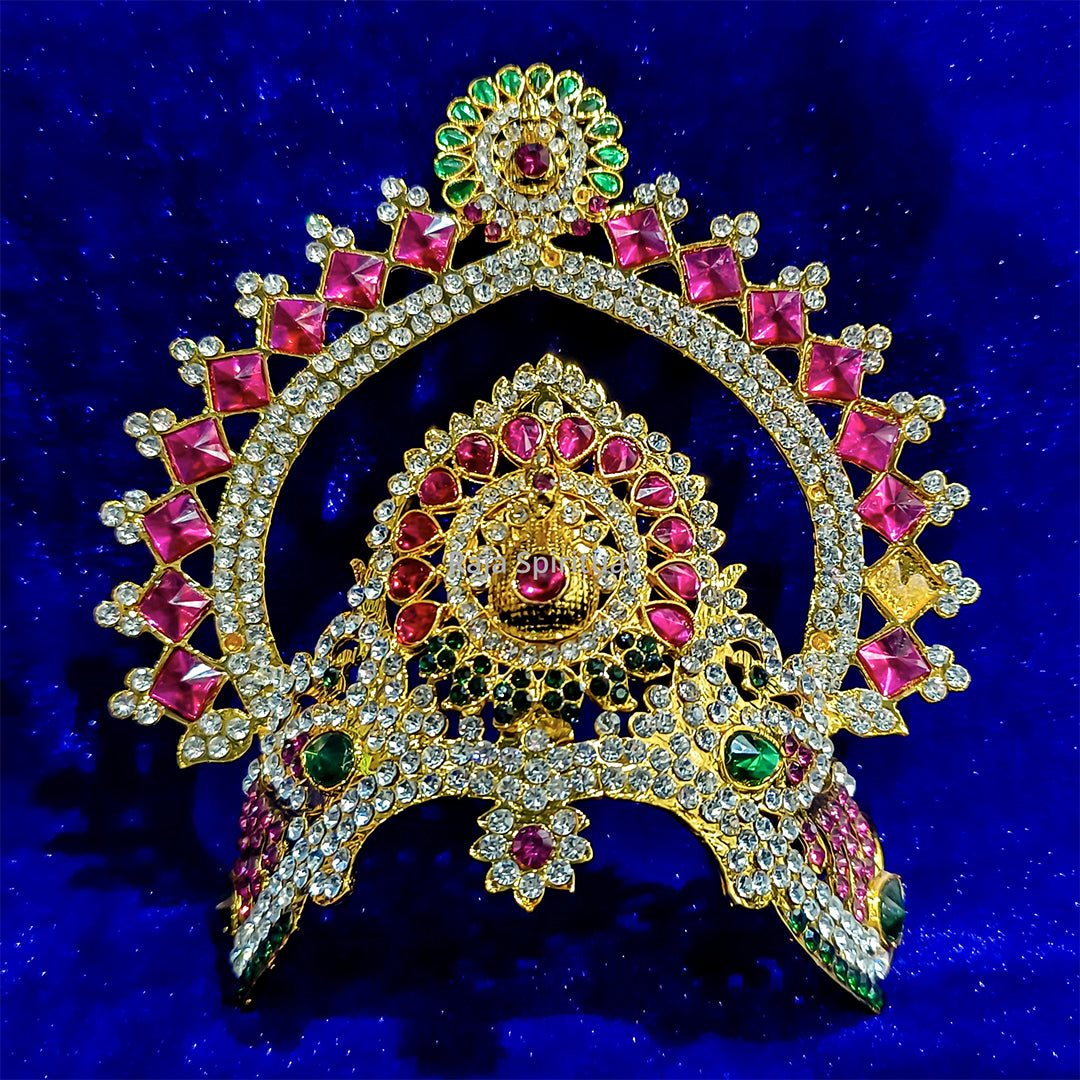 Stone half giridam design arch giridam1 front view triangular arch large square ruby stones deity face center on blue velvet