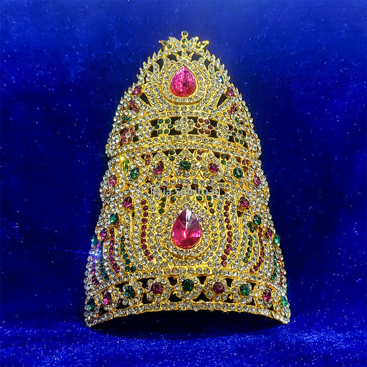 Stone half giridam lotus giridam front view tall tapered open lattice design two pink teardrop gems and green emerald accents