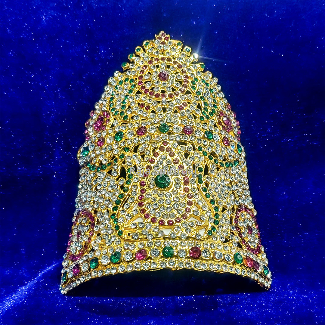 Stone half giridam model 1 front view showing large bell shaped design densely set white pink green stones on gold base
