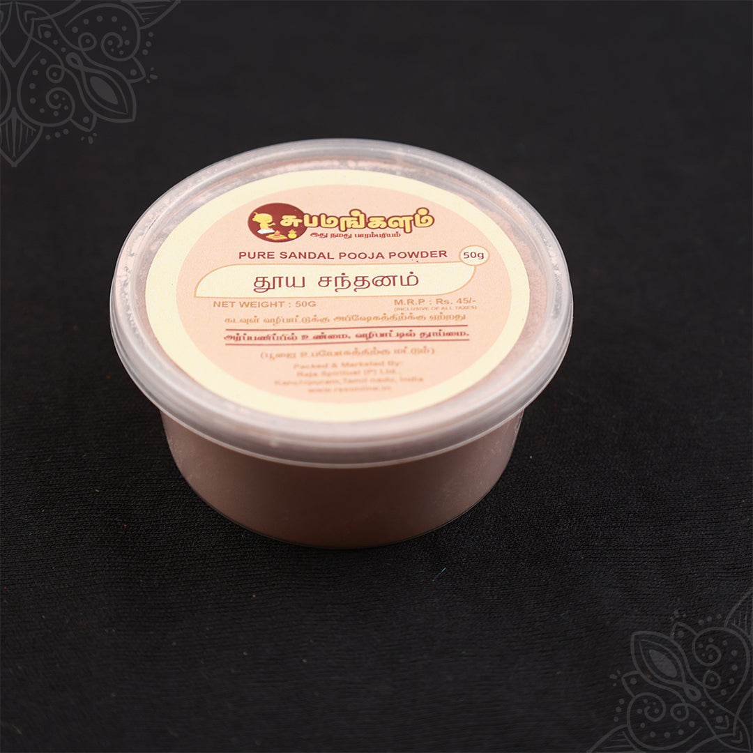 Subamangalam pure santhanam sandal powder 50g pack slight top angle view showing label details
