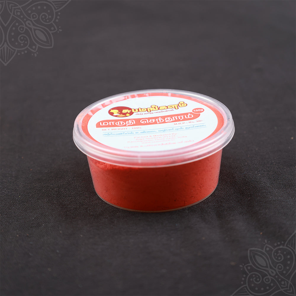 Subamangalam senthuram powder 100g pack straight front view showing label and red powder texture