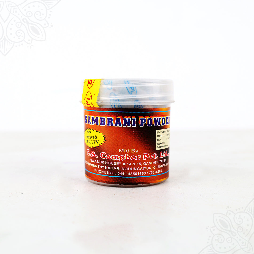 Swastik sambrani powder jar with clear lid straight front view showing label for daily pooja and dhoop use