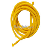 Handmade thali saradu single line yellow twisted rope loosely coiled in a flat lay top-down view with both ends visible against a white background