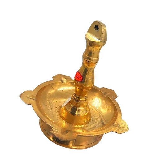 Thongu vilaku less weight slight top right angle view showing notched oil tray curved hook stem and small round base on white background