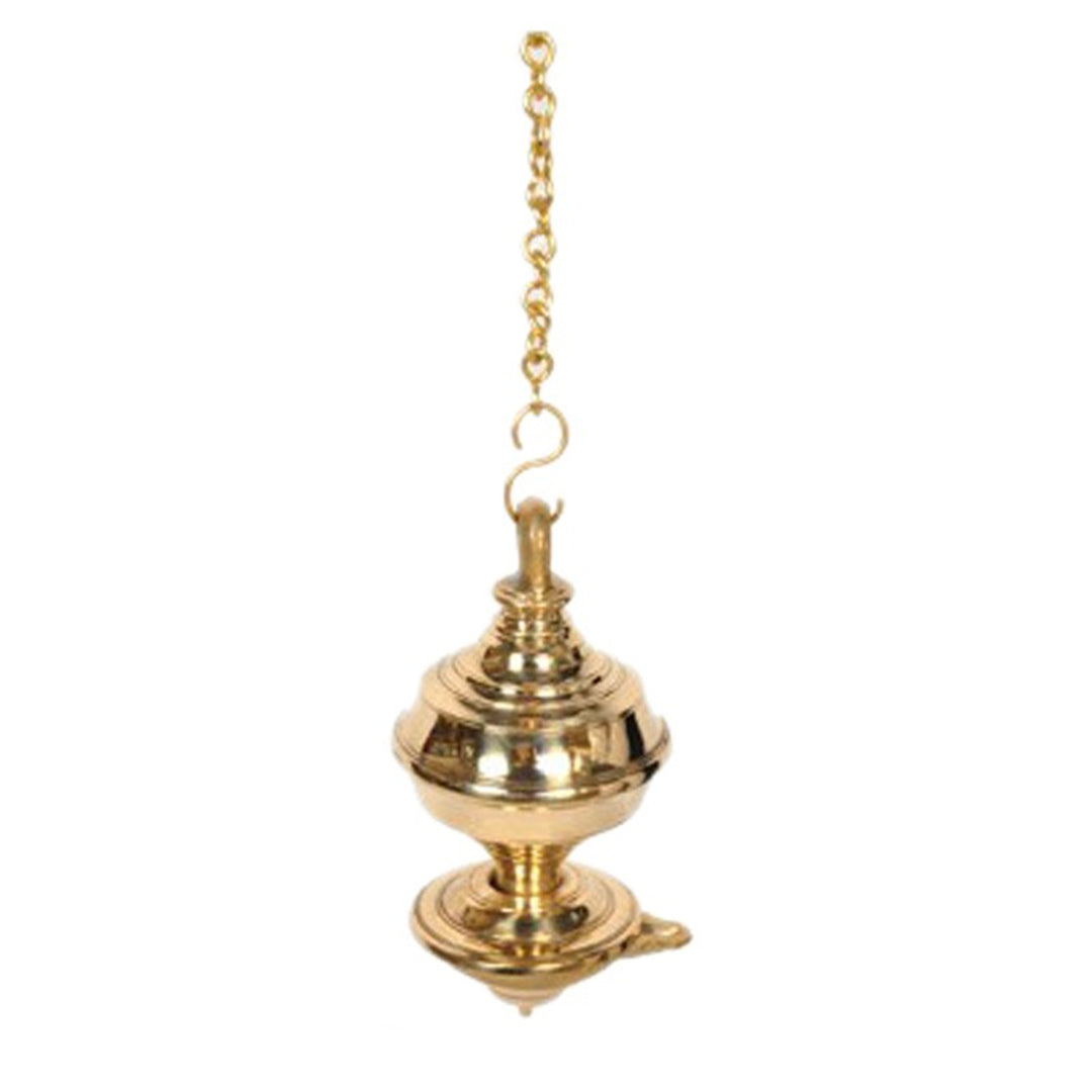 Thoondamani vilaku front view with golden round hanging lamp ribbed body on chain and small oil spout at base for worship use
