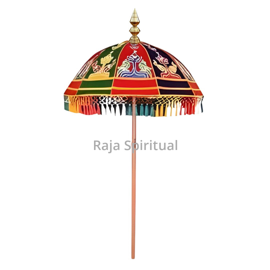 Utsava umbrella 8 cane special straight front view with vibrant deity panels longer tassel fringe and gold finial on pole