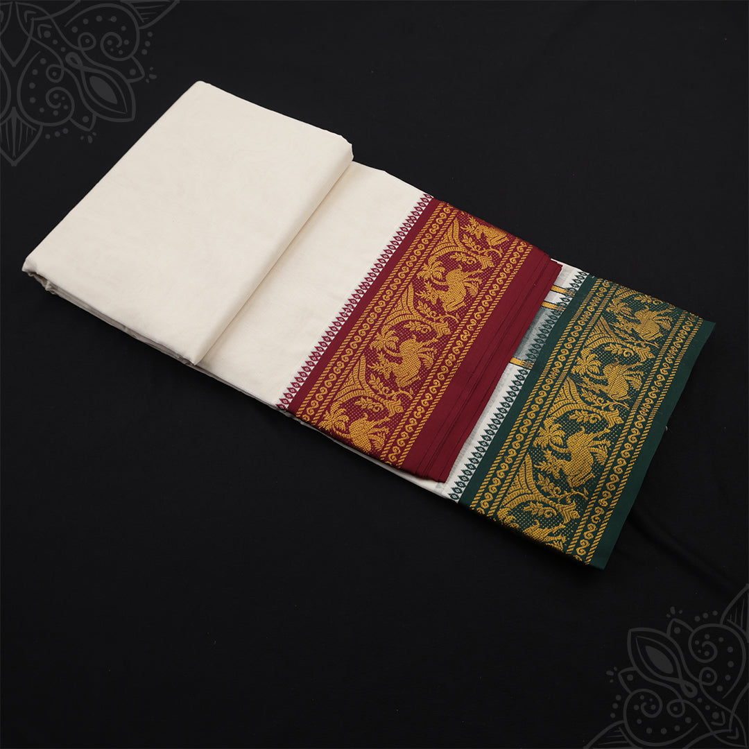 9x5 white vesti with maroon and dark green jacquard borders featuring intricate gold floral and peacock patterns