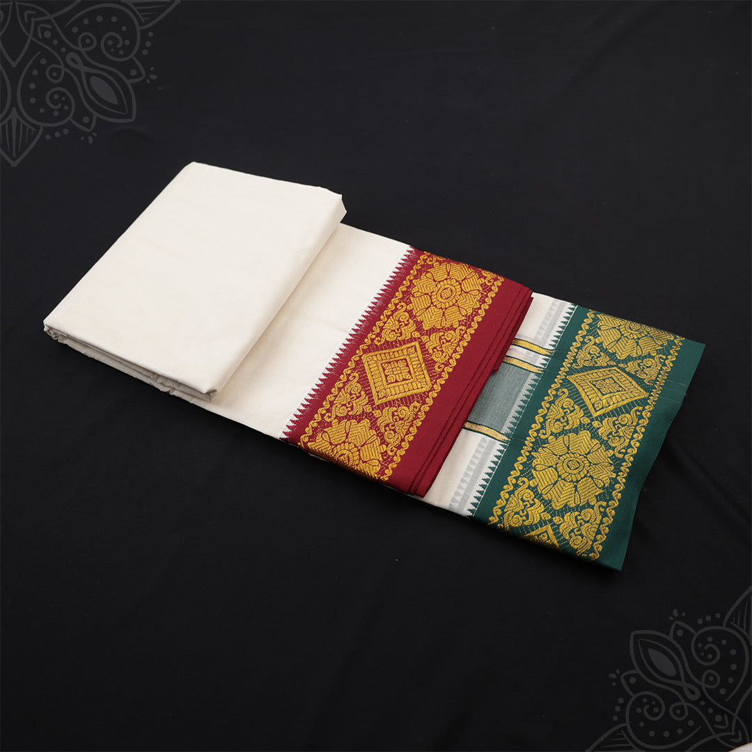 9x5 white vesti with Annapachi jacquard decorative border