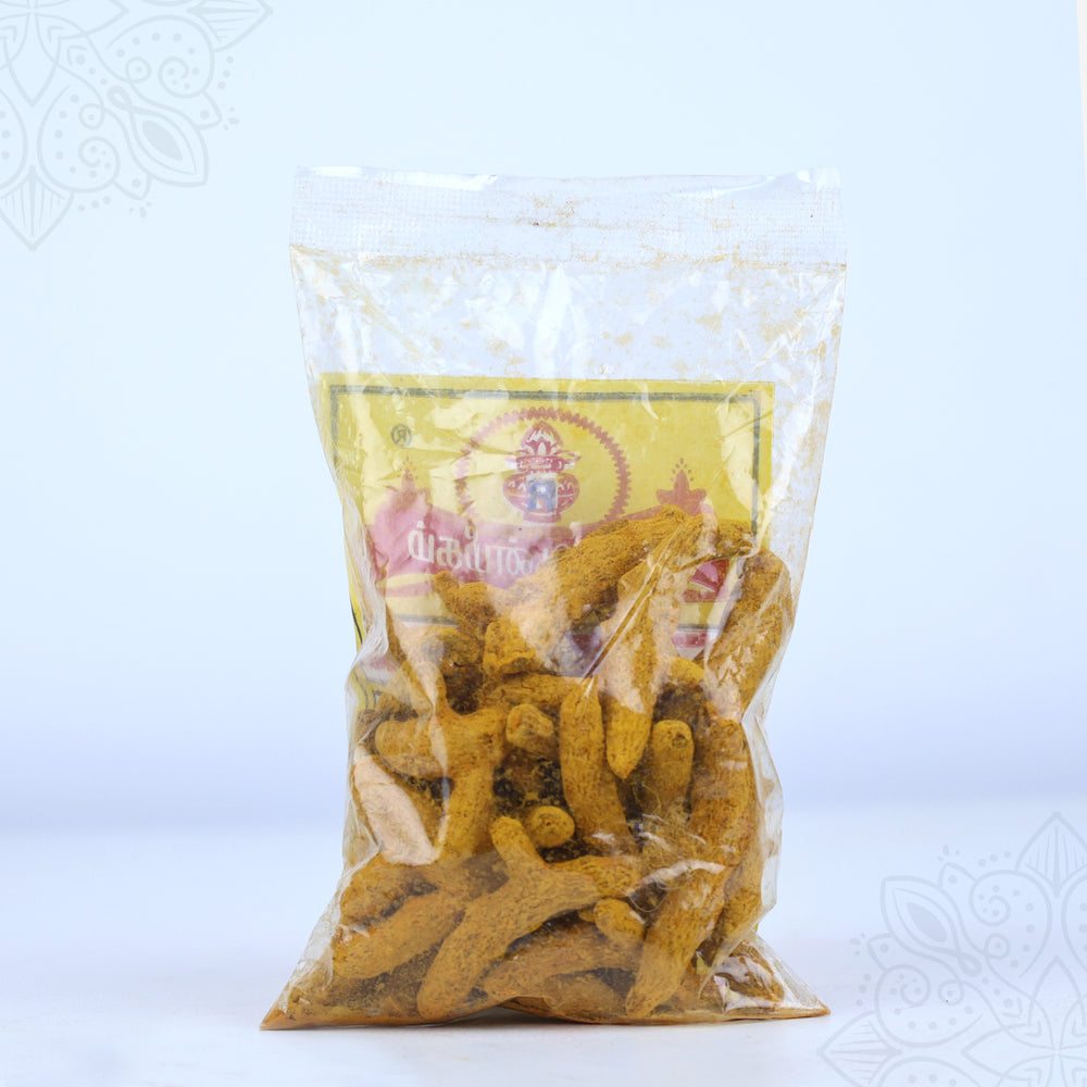 Virali manjal kizhangu whole turmeric fingers packed in a clear pooja supply bag with brand label, straight front view