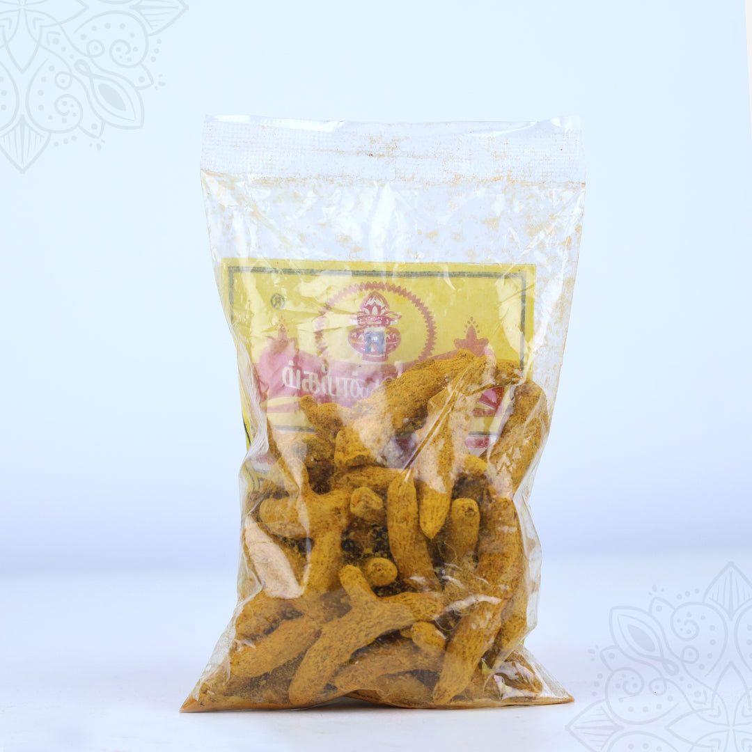 Virali manjal kizhangu whole turmeric fingers packed in a clear pooja supply bag with brand label, straight front view