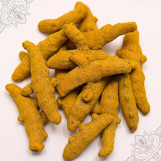 Virali manjal kizhangu whole turmeric fingers piled loose on a white surface showing natural texture, slight top-down view
