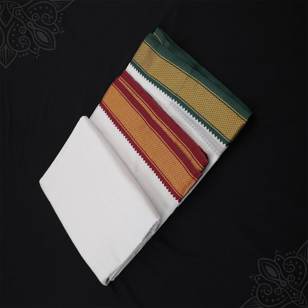 White 9x5 vesti with broad Mayilkan decorative border and gold detailing